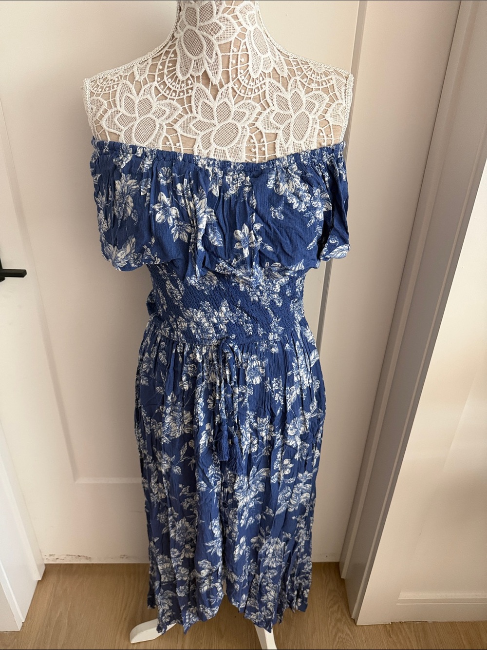 Off-Shoulder Blue Floral Women’s Dress